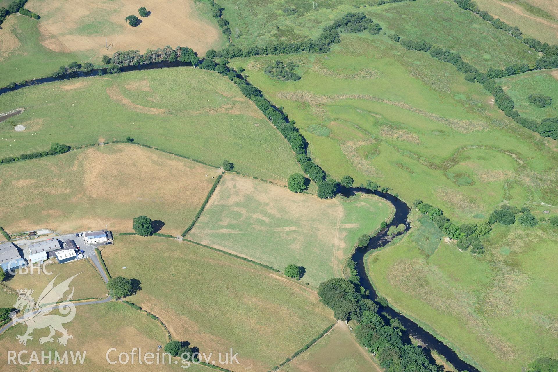 Royal Commission aerial photography of the Roman road approaching Llanio Roman fort taken on 19th July 2018 during the 2018 drought.