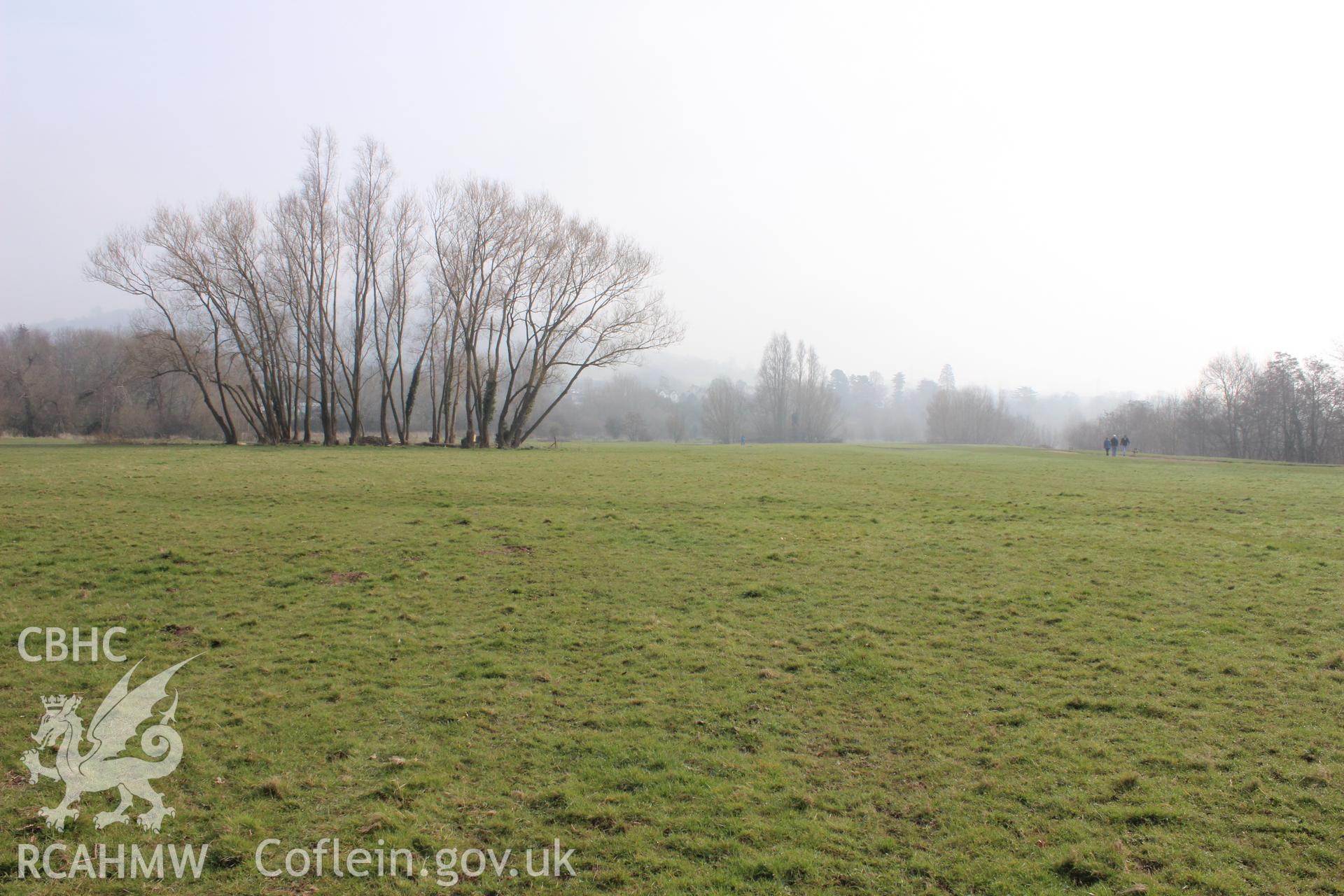 'View from the centre of proposed Site A towards the east.' Photographed on site visit for archaeological desk based assessment of the proposed Eisteddfod Site at Castle Meadows and Llanfoist, Abergavenny, carried out by Archaeology Wales, 2014.