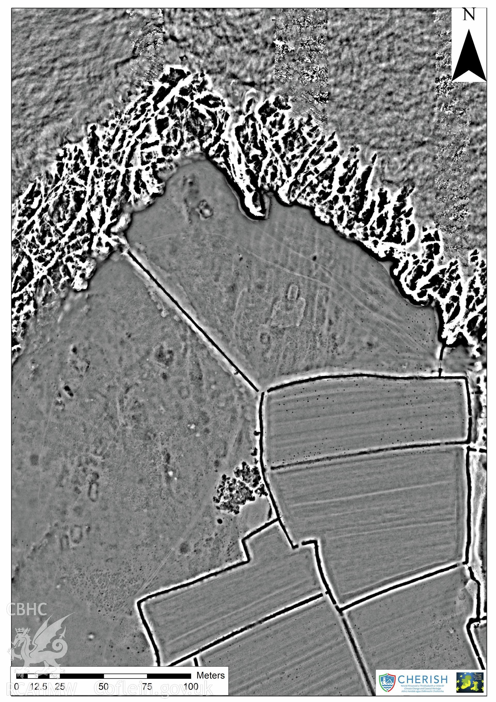 Ynys Enlli (Bardsey Island). Airborne laser scanning (LiDAR) commissioned by the CHERISH Project 2017-2021, flown by Bluesky International LTD at low tide on 24th February 2017. Digital Surface Model (DSM) showing the north part of the island and the Bae