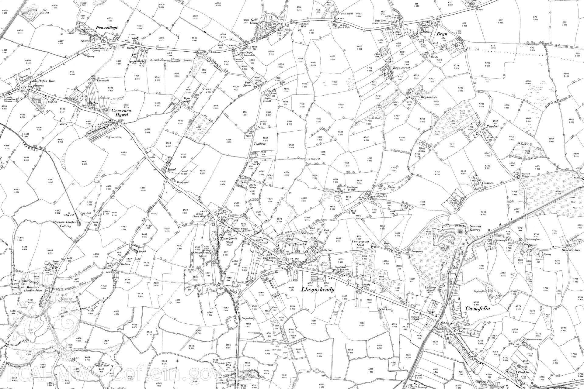 1st edition of 25 inch OS maps, published in 1880, reproduced by Landmark Information Group, showing the area around Bynea, then known as Cwm-Felin. Map included as part of archaeological appraisal of Gwndwn Mawr, Station Rd., Bynea, Carmarthenshire, 2014.