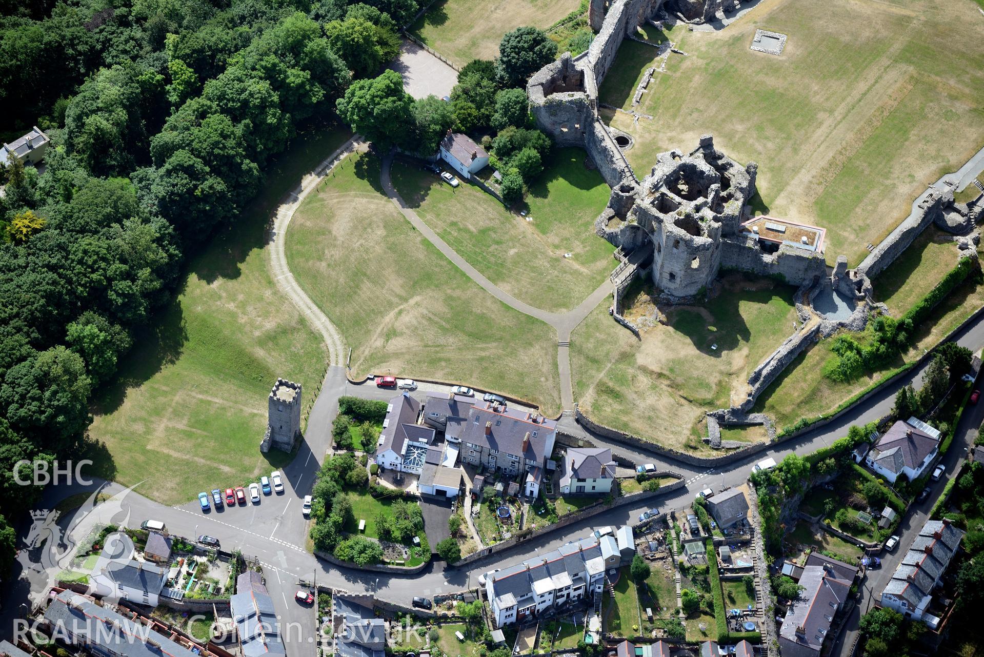 Royal Commission aerial photography of Denbigh Castle with extensive parchmarks taken on 19th July 2018 during the 2018 drought.