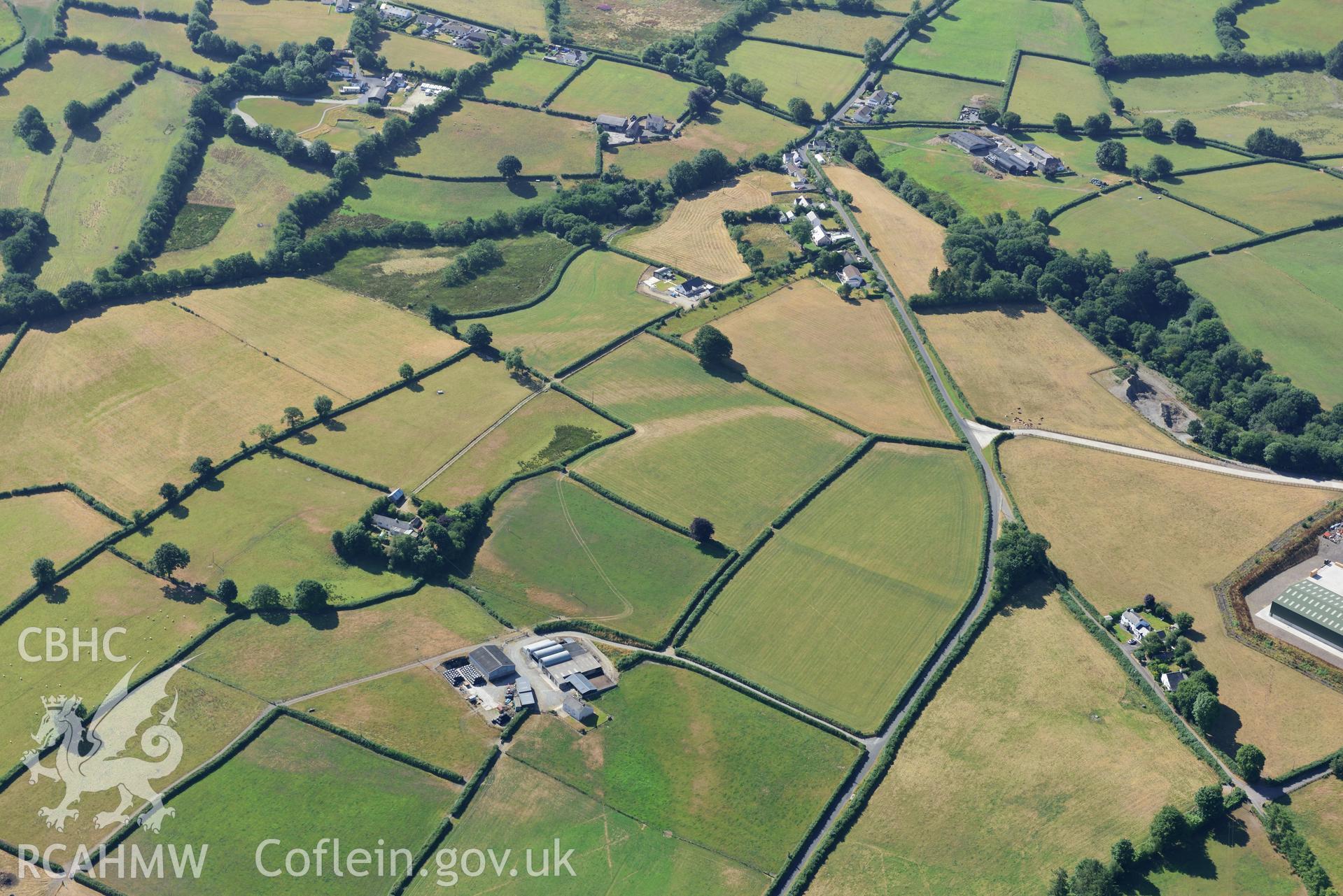 Royal Commission aerial photography of Glynrhiced-fach possible enclosure, taken on 19th July 2018 during the 2018 drought.