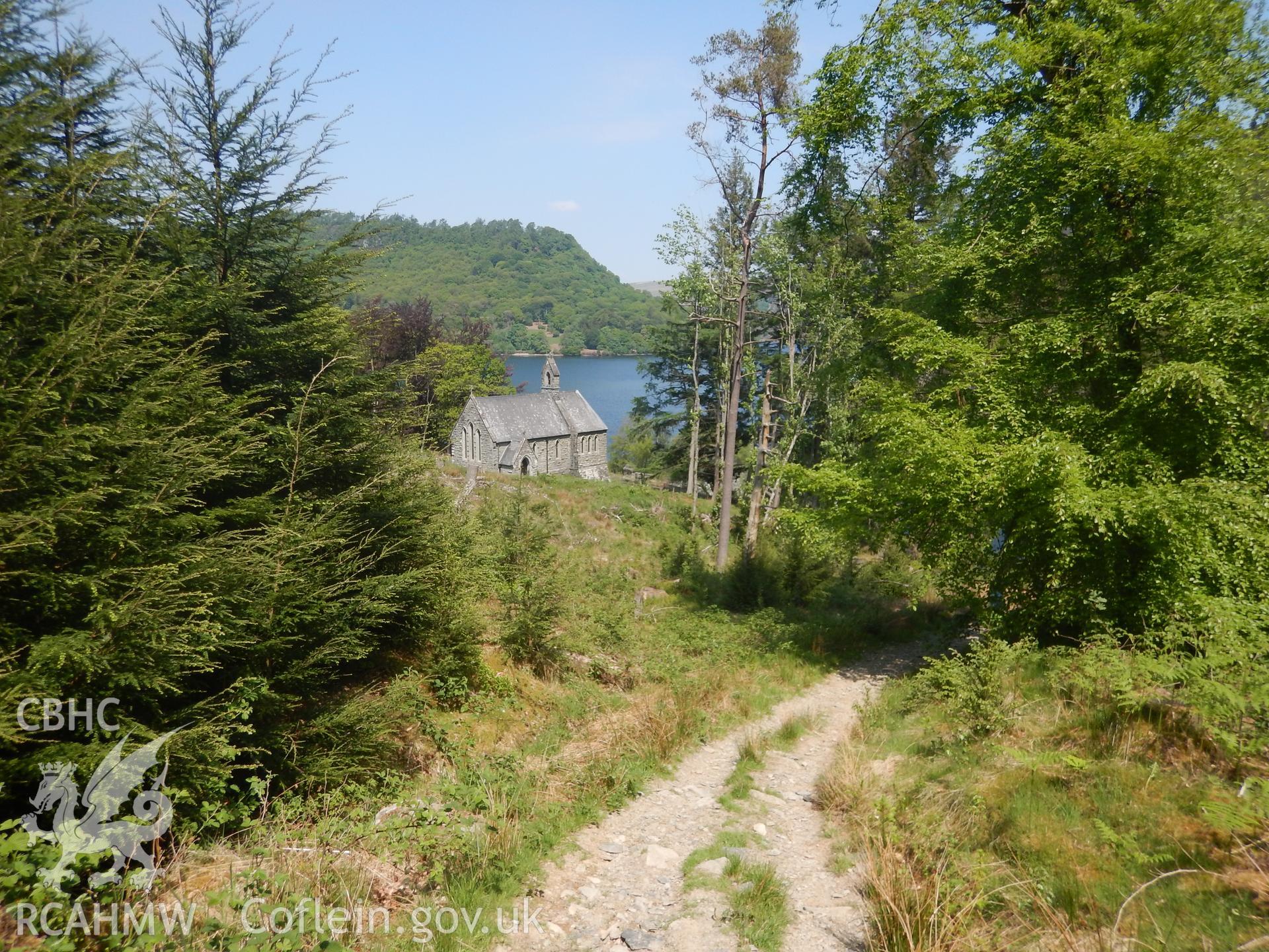 Nantgwyllt chapel, seen from the proposed cable route, looking north. Photographed as part of Archaeological Desk Based Assessment of Afon Claerwen, Elan Valley, Rhayader. Assessment by Archaeology Wales in 2018. Report no. 1681. Project no. 2573.