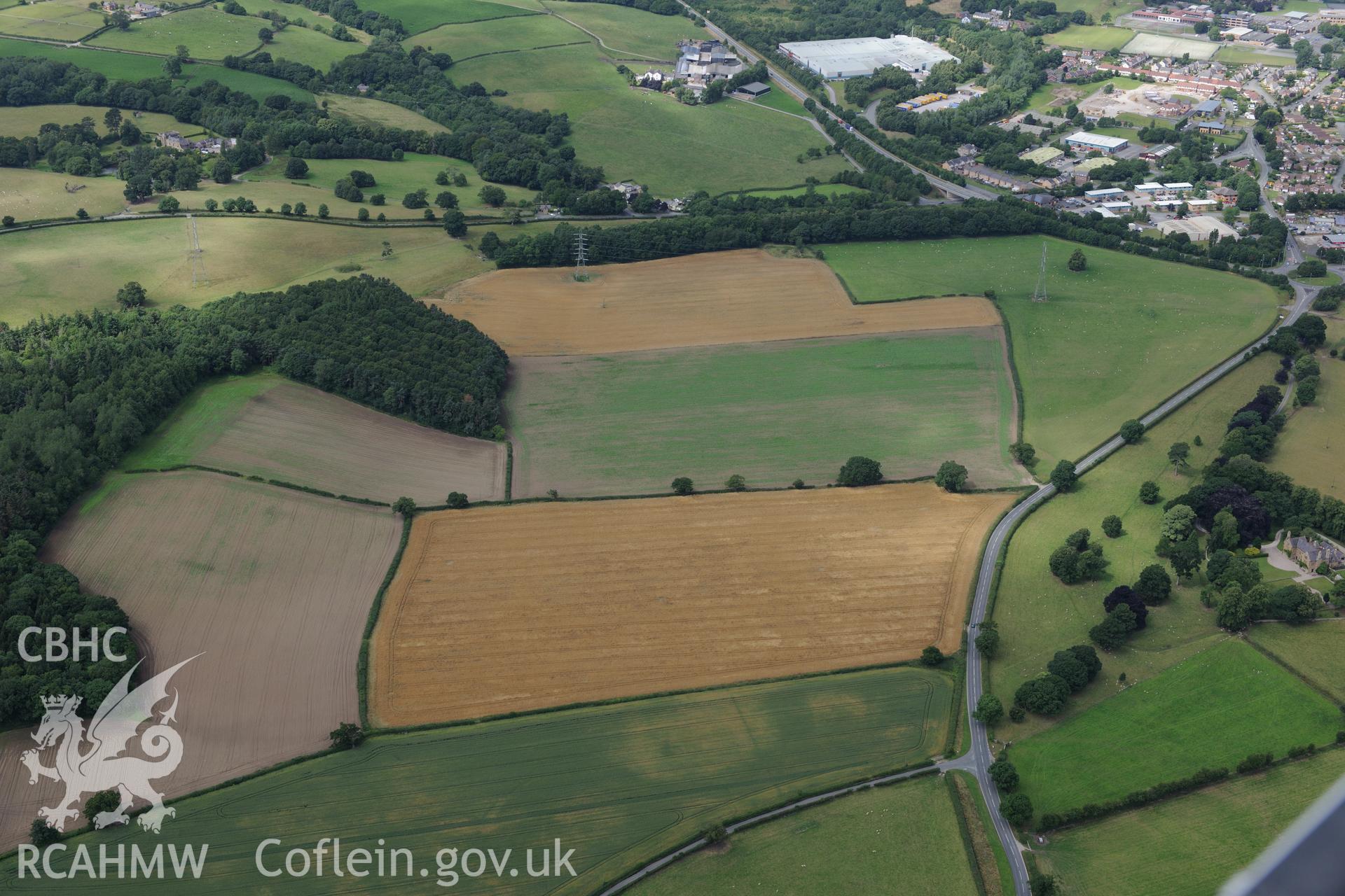 Pentrehobyn Hall, Ring-ditch and barrow. Oblique aerial photograph taken during the Royal Commission's programme of archaeological aerial reconnaissance by Toby Driver on 30th July 2015.