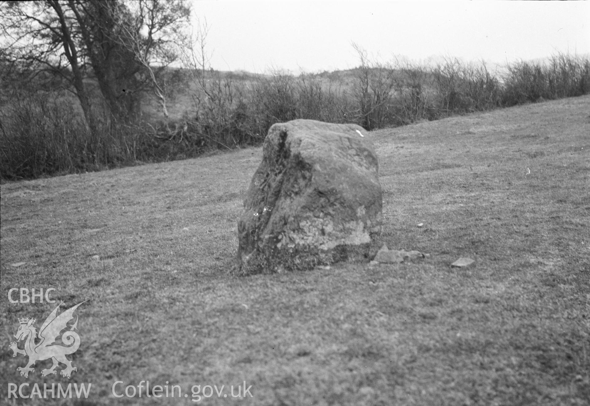 Digital copy of black and white negative relating to 'Careg Fwyd'. From the Cadw Monuments in Care Collection.