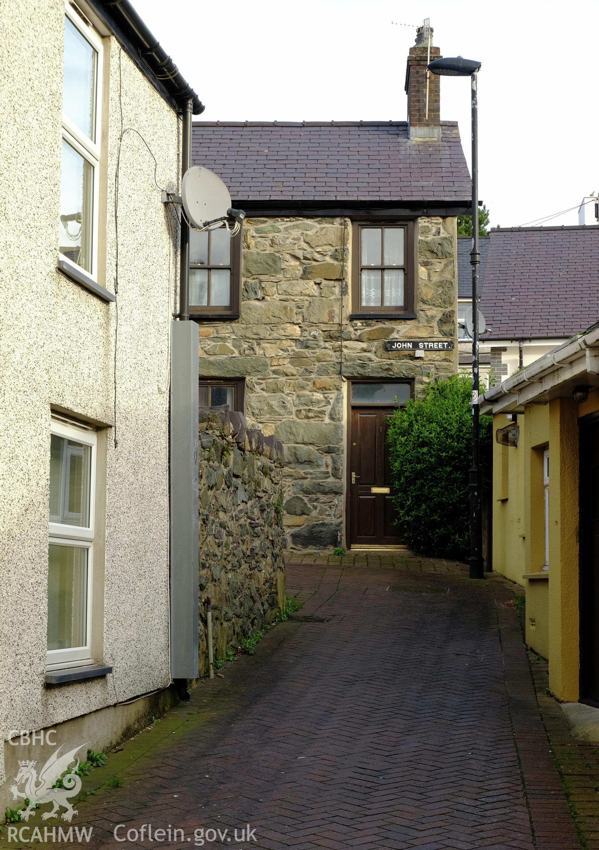 Colour photograph showing view looking north at John Street, Bethesda, produced by Richard Hayman 16th February 2017