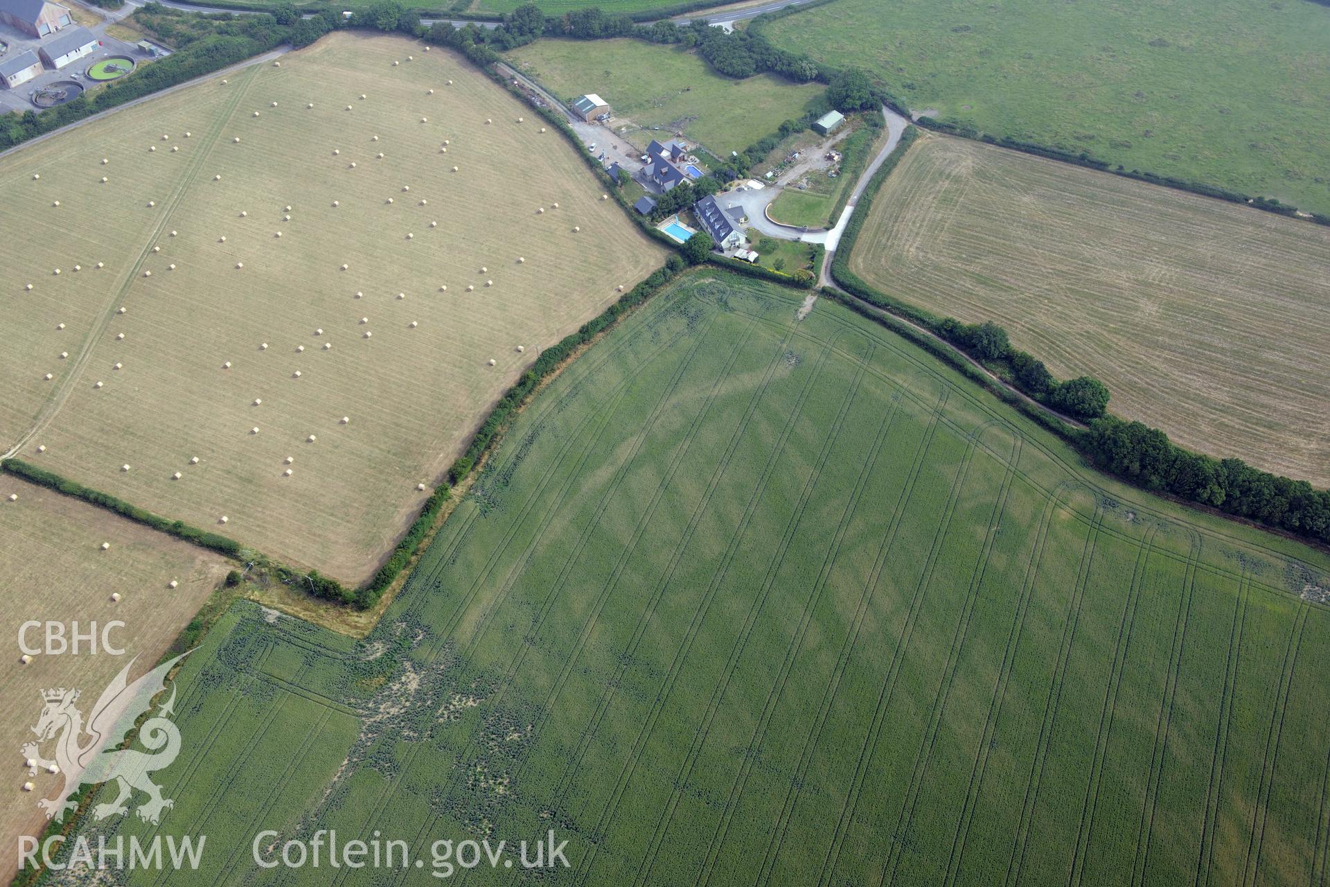 Royal Commission aerial photography of cropmarks at Moorlands Farm recorded during drought conditions on 22nd July 2013 at the time of their discovery.