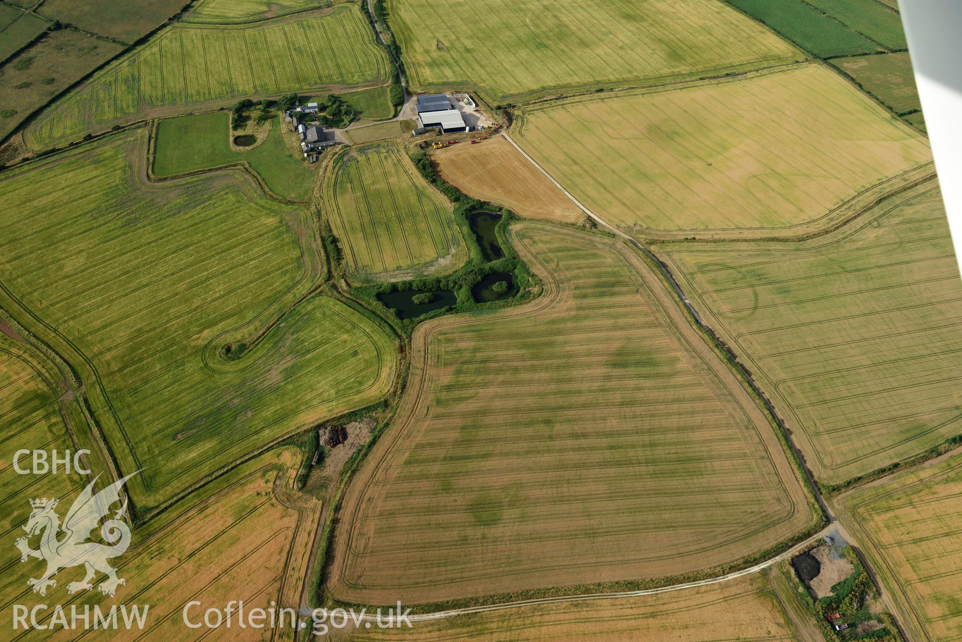 Royal Commission aerial photography of Paviland Manor cropmark complex, south-west circular enclosure, taken on 17th July 2018 during the 2018 drought.