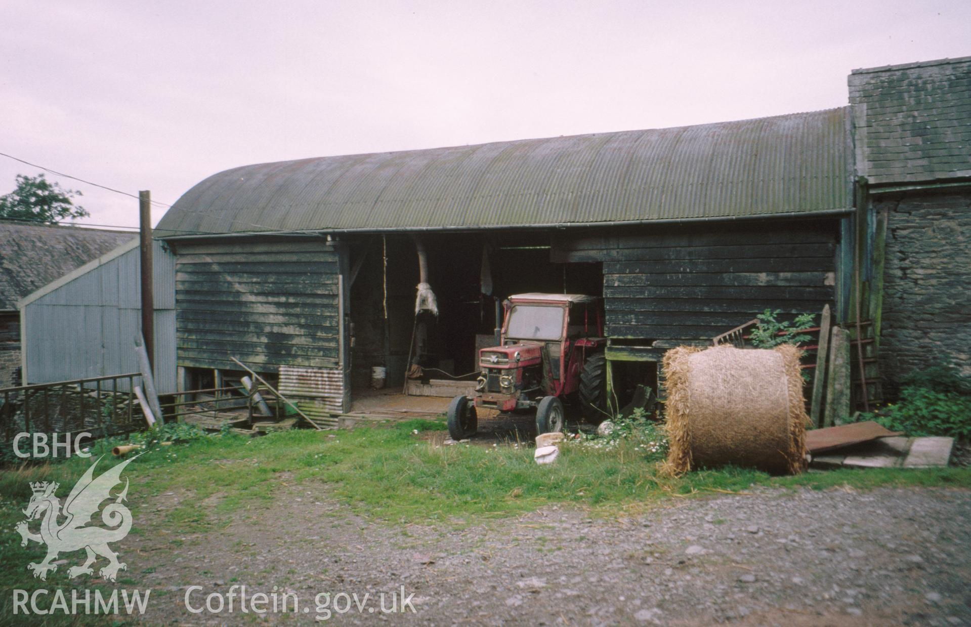 Digital copy of a colour slide showing an exterior view of Pilleth Court Farm Building.