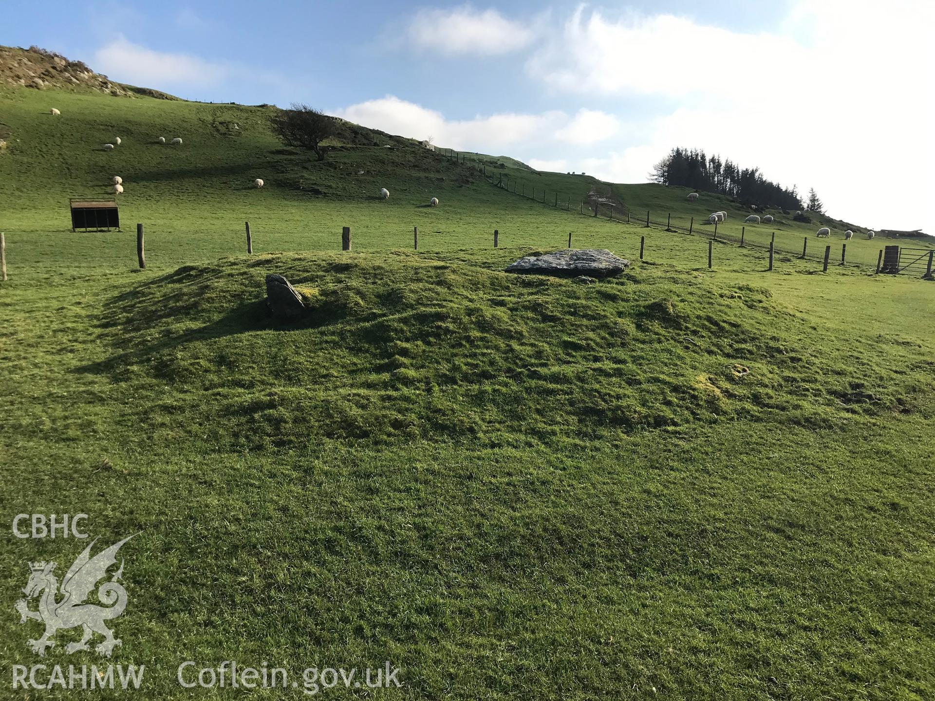 Colour photograph of Bedd Taliesin cairn Tre Taliesin, between Machynlleth and Aberystwyth, taken by Paul R. Davis on 28th March 2019.