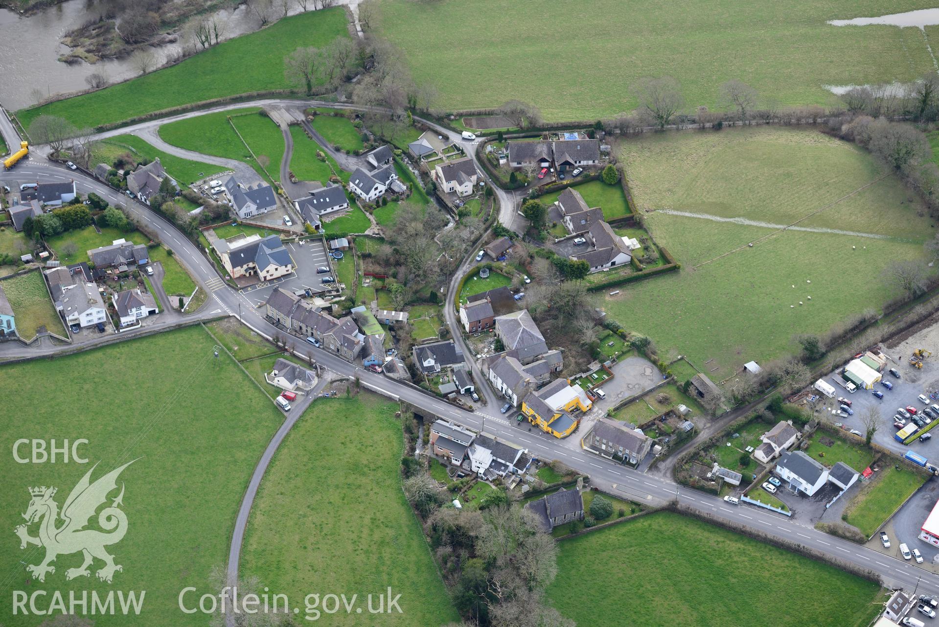 The village of Llechryd, near Cardigan. Oblique aerial photograph taken during the Royal Commission's programme of archaeological aerial reconnaissance by Toby Driver on 13th March 2015.