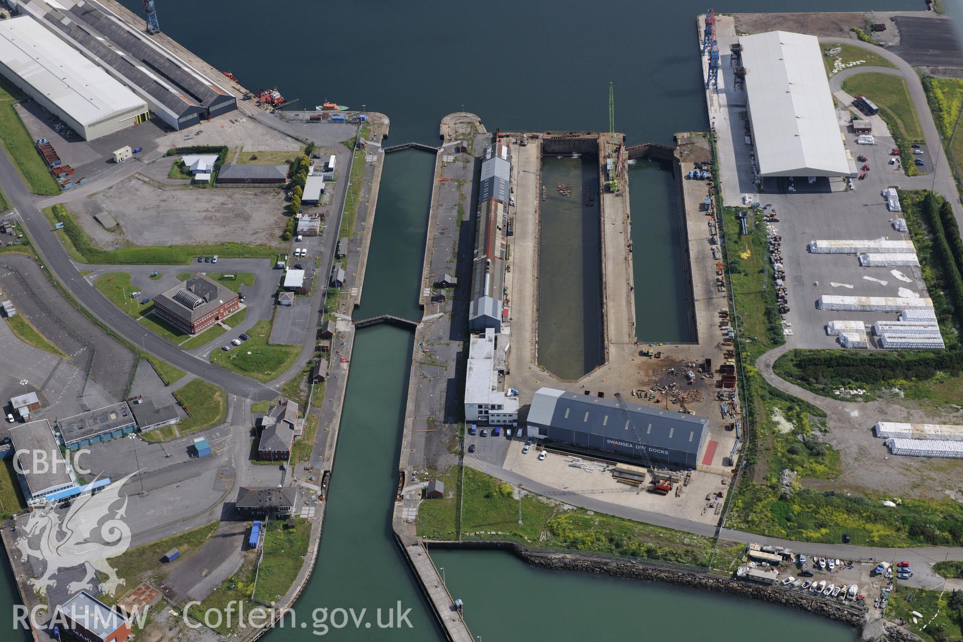 Repair workshop at the Prince of Wales dry dock, Swansea. Oblique aerial photograph taken during the Royal Commission's programme of archaeological aerial reconnaissance by Toby Driver on 19th June 2015.