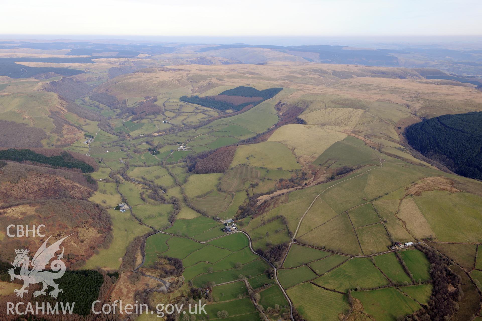 The Dolau Cothi Aqueduct in the Cothi valley, south east of Lampeter. Oblique aerial photograph taken during the Royal Commission?s programme of archaeological aerial reconnaissance by Toby Driver on 28th February 2013.