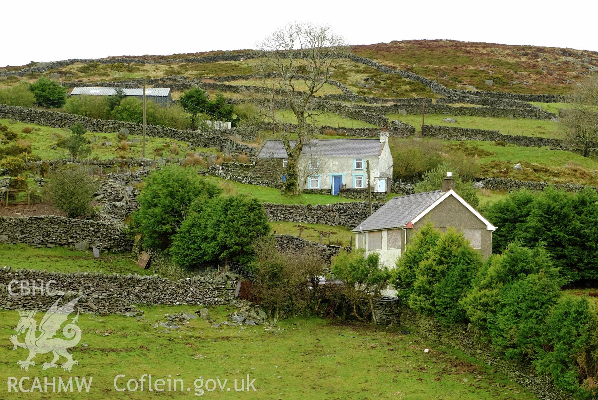 Colour photograph showing view looking north at Cil Llidiart Cottage (with blue door), Cilgwyn, produced by Richard Hayman 21st February 2017