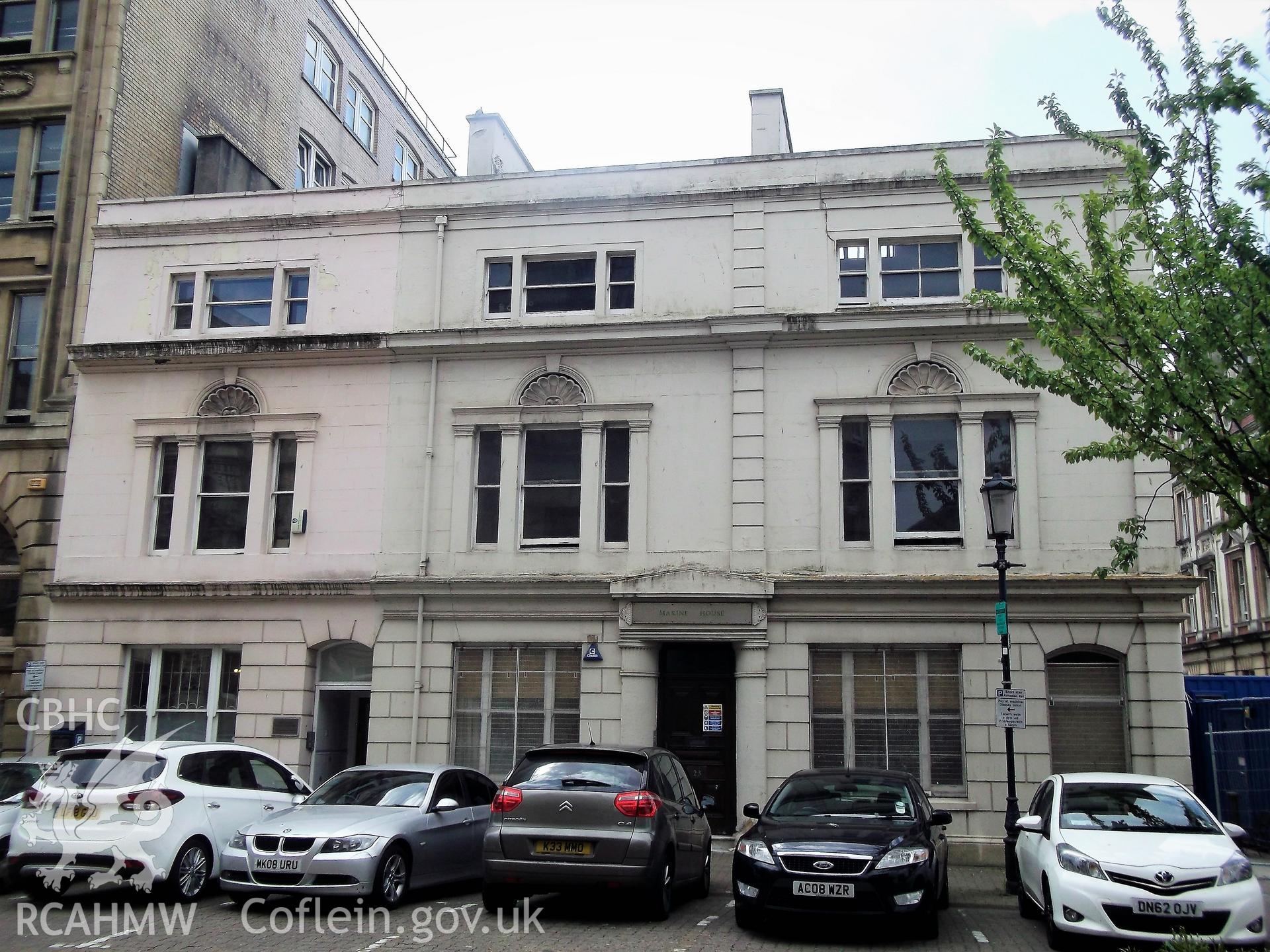 Colour photograph showing exterior of 20-23 Mount Stuart Square, Butetown, taken by Adam Coward on 10th July 2018.