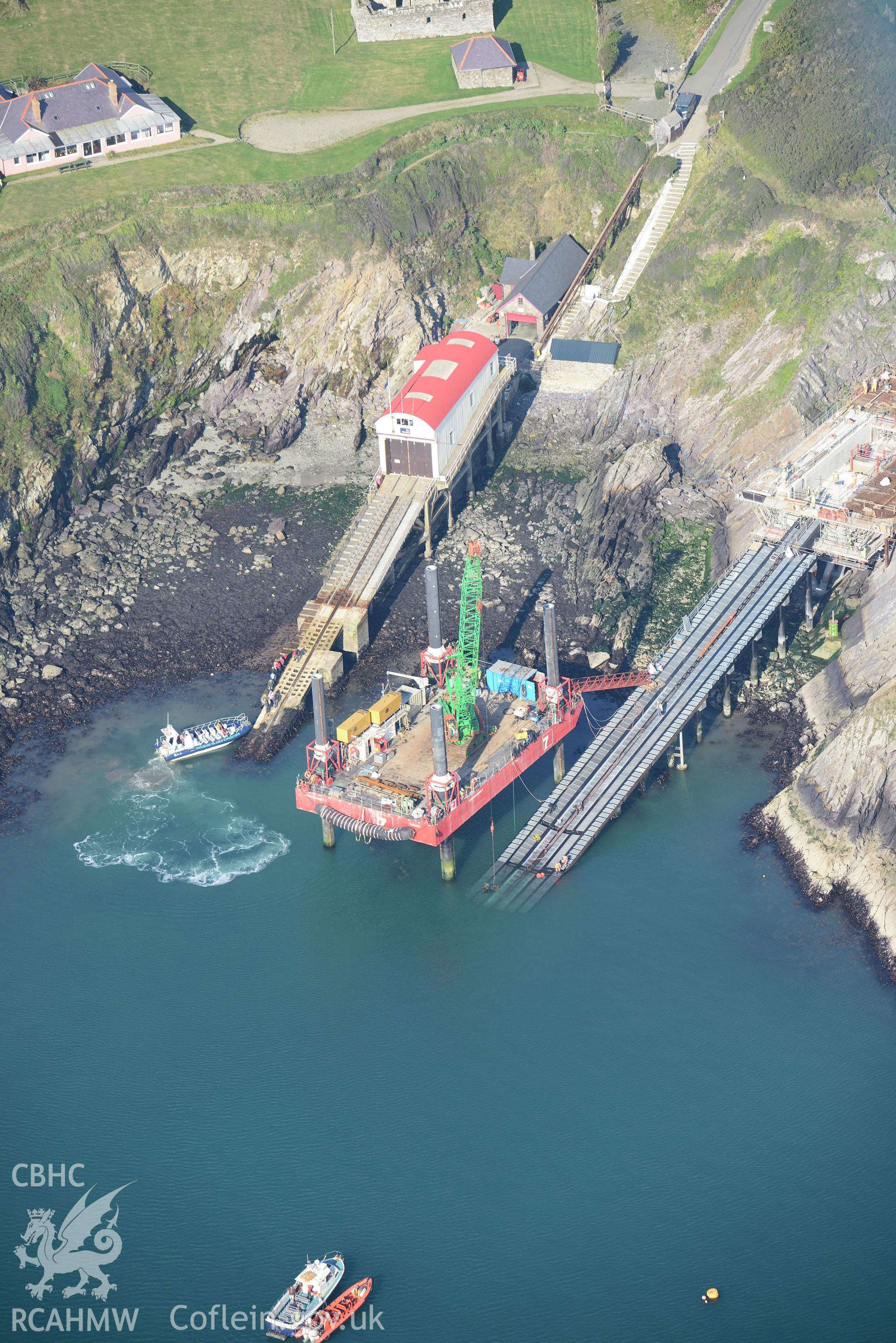 St. Justinian's lifeboat station, St. David's new lifeboat station and St. Justinian's bungalow, west of St. Davids. Oblique aerial photograph taken during RCAHMW's programme of archaeological aerial reconnaissance by Toby Driver, 30th September 2015.