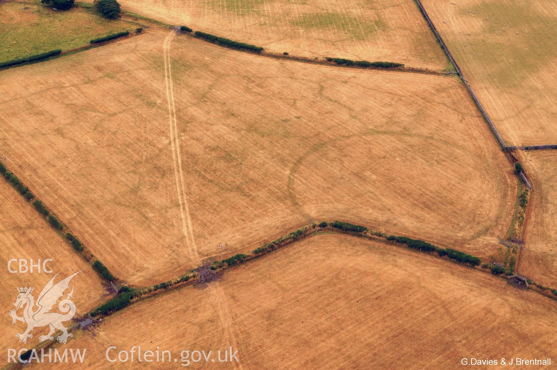 Aerial photograph of enclosure complex west of Gwyddelfynydd farm, taken by Glyn Davies & Jonathan Brentnall under drought conditions 15/07/2018. This photograph has been modified to enhance visibility of the archaeology. Original photograph: BDC_01_02_02.