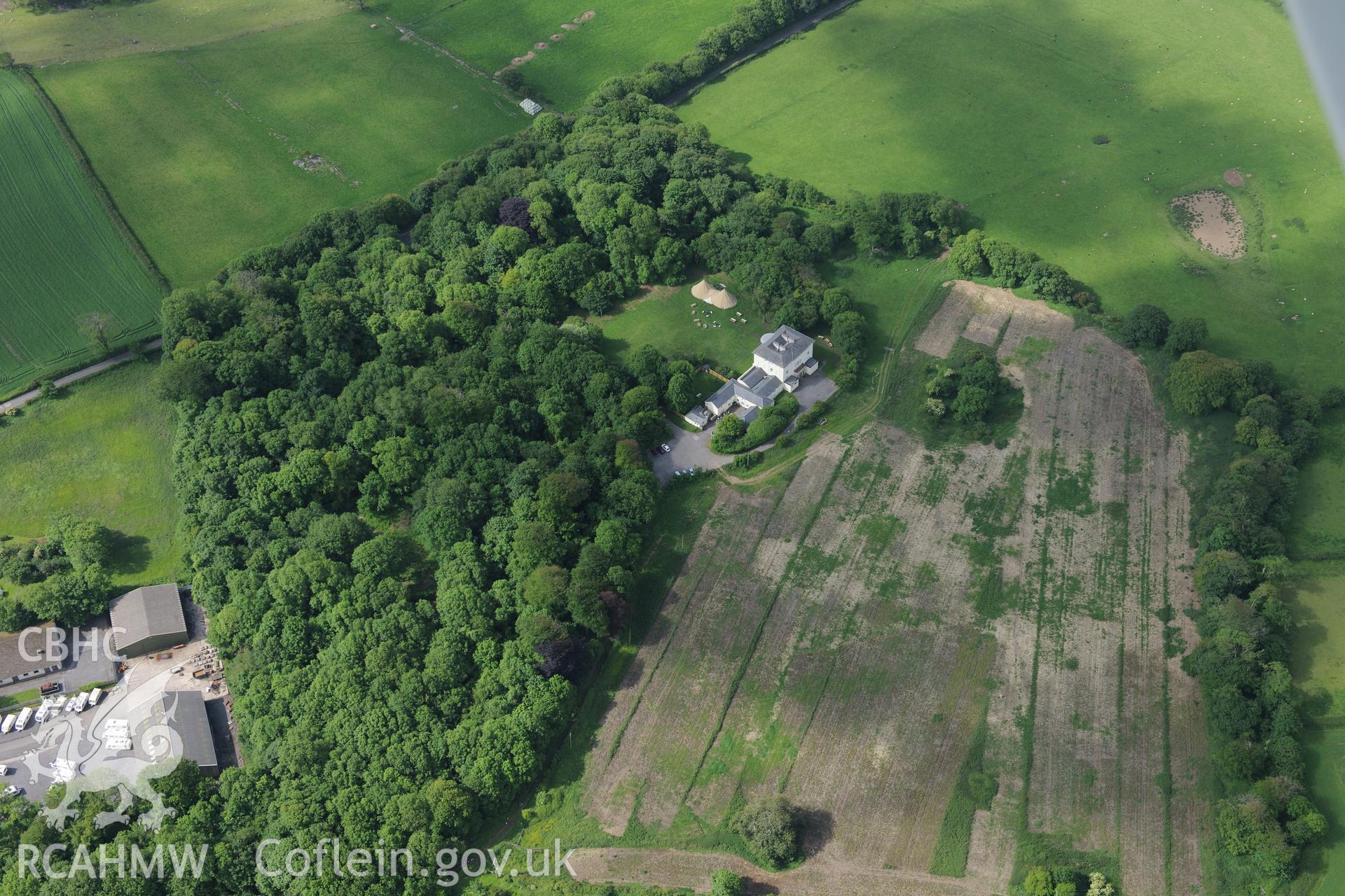 Stout Hall house and garden, Reynoldston. Oblique aerial photograph taken during the Royal Commission's programme of archaeological aerial reconnaissance by Toby Driver on 19th June 2015.