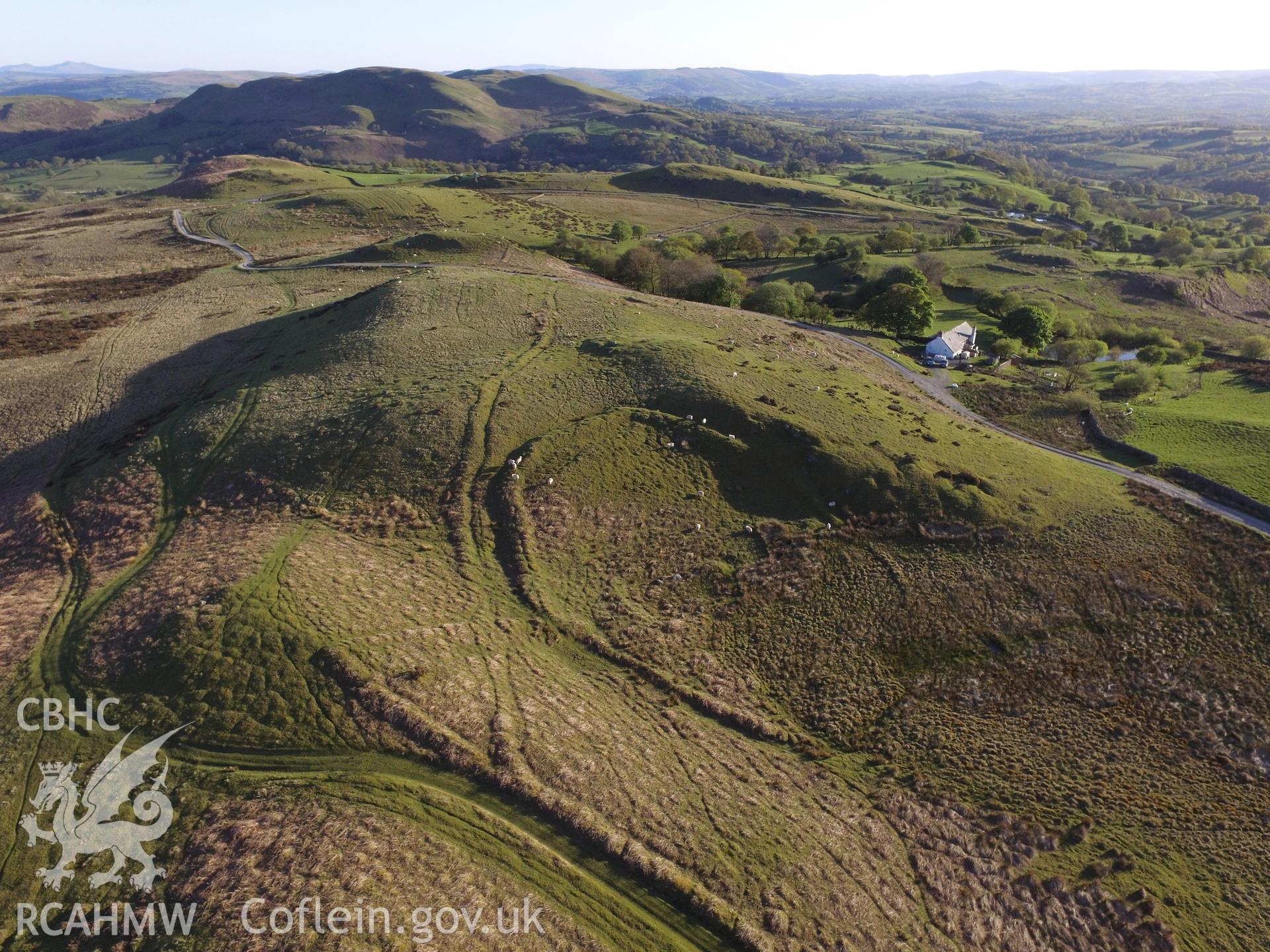 Colour photo showing aerial view of settlement features east of Pant-y-Rhiw, taken by Paul R. Davis, 14th May 2018.