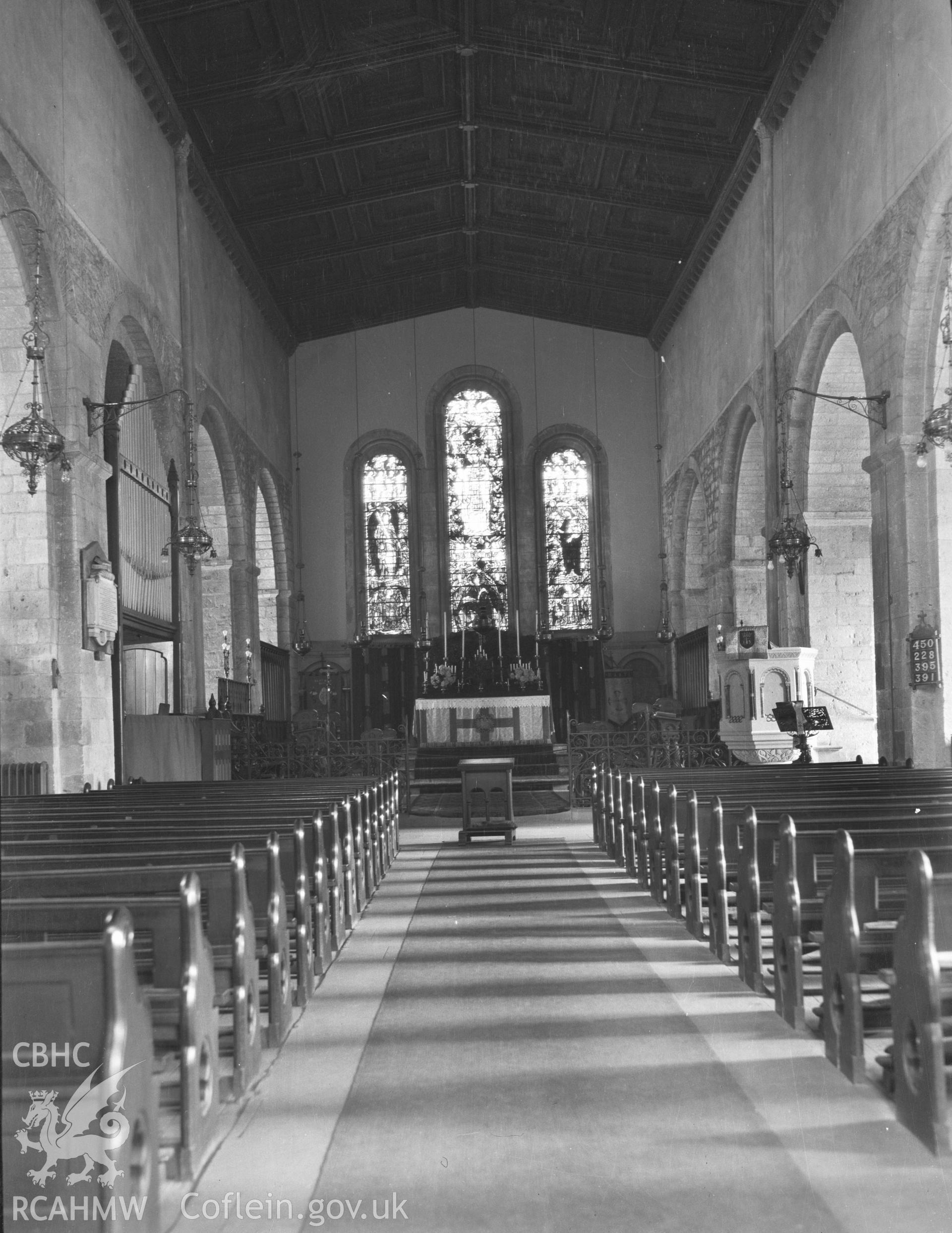 Digital copy of a nitrate negative showing interior of St Mary's Church, Margam - looking towards the altar. From the National Building Record Postcard Collection.