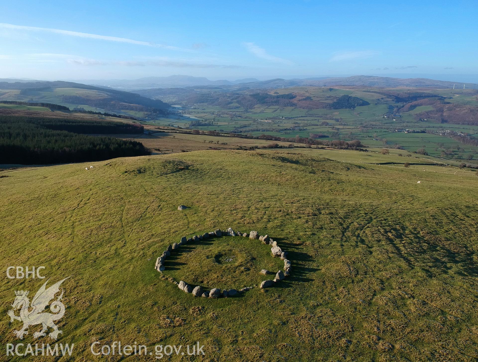 Aerial view of Moel Ty-Uchaf kerb circle, Llandrillo. Colour photograph taken by Paul R. Davis on 2nd January 2019.