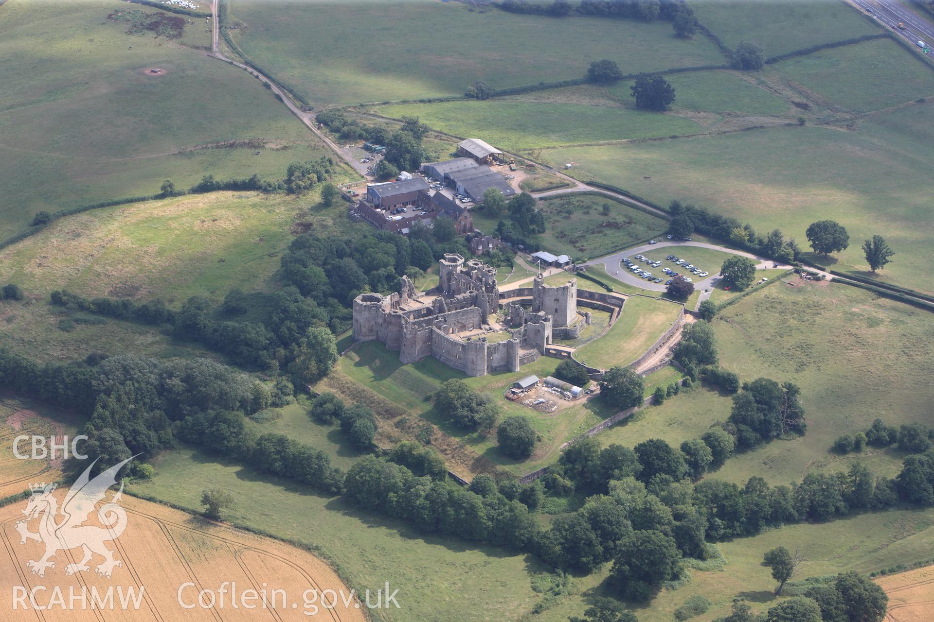 Raglan Castle, Raglan Castle Gardens and Castle Farm, Raglan, south west of Monmouth. Oblique aerial photograph taken during the Royal Commission?s programme of archaeological aerial reconnaissance by Toby Driver on 1st August 2013.