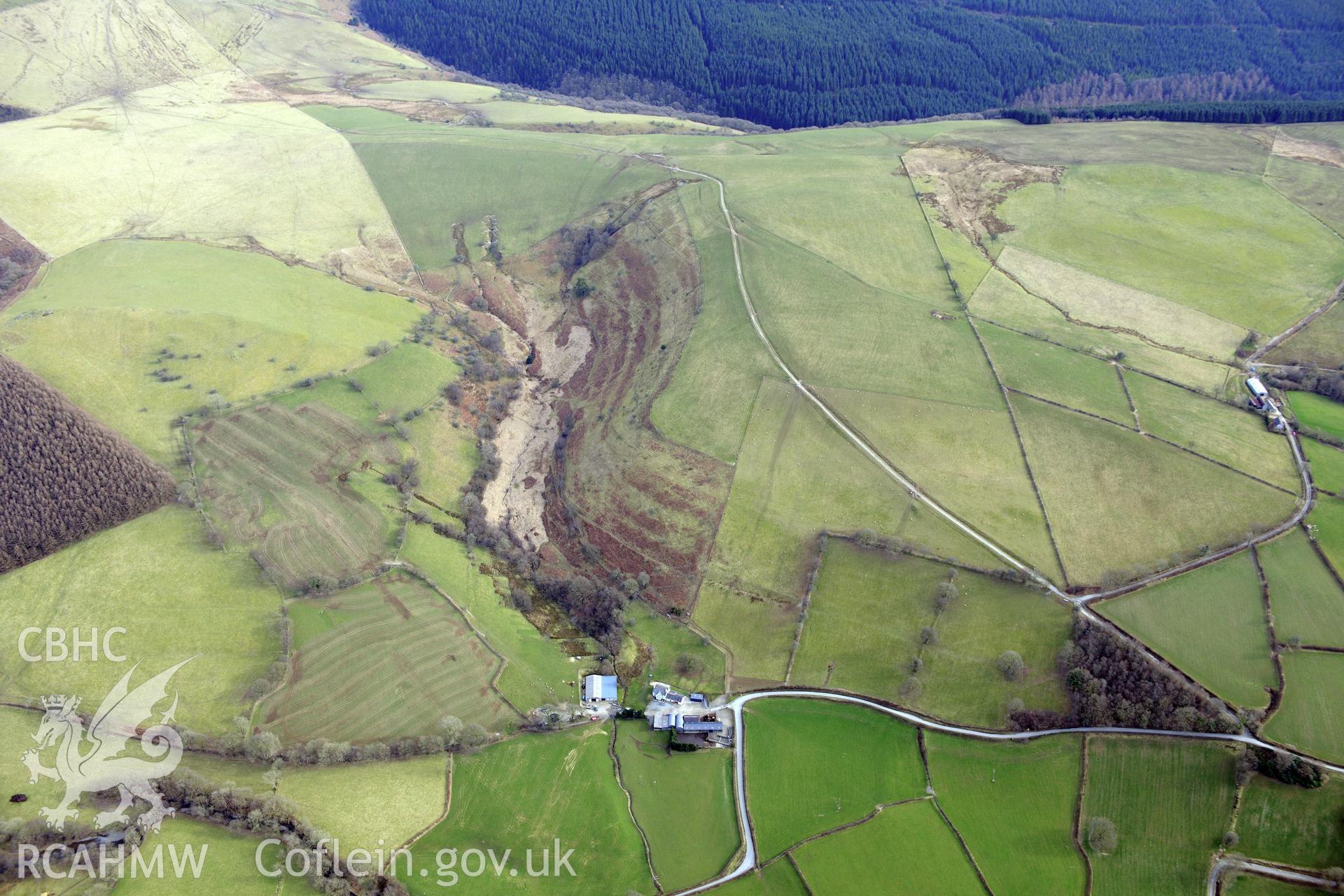 The Dolau Cothi Aqueduct in the Cothi valley, south east of Lampeter. Oblique aerial photograph taken during the Royal Commission?s programme of archaeological aerial reconnaissance by Toby Driver on 28th February 2013.