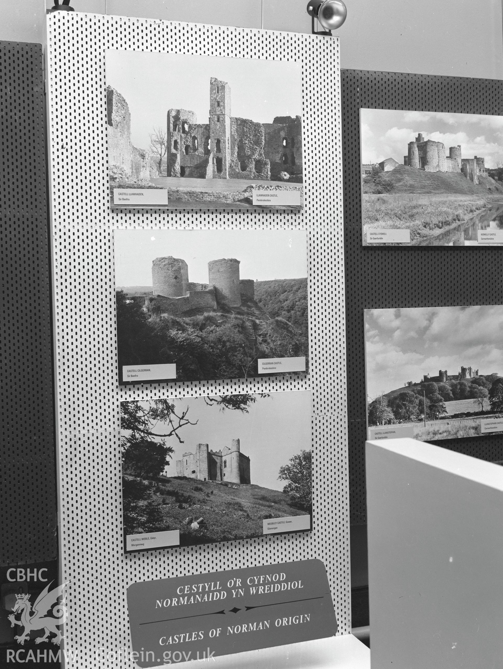 Digital copy of a black and white negative showing Ancient Monuments Exhibition, Welsh Tourer, Vivian Art Gallery, Swansea. From Cadw Monuments in Care Collection.