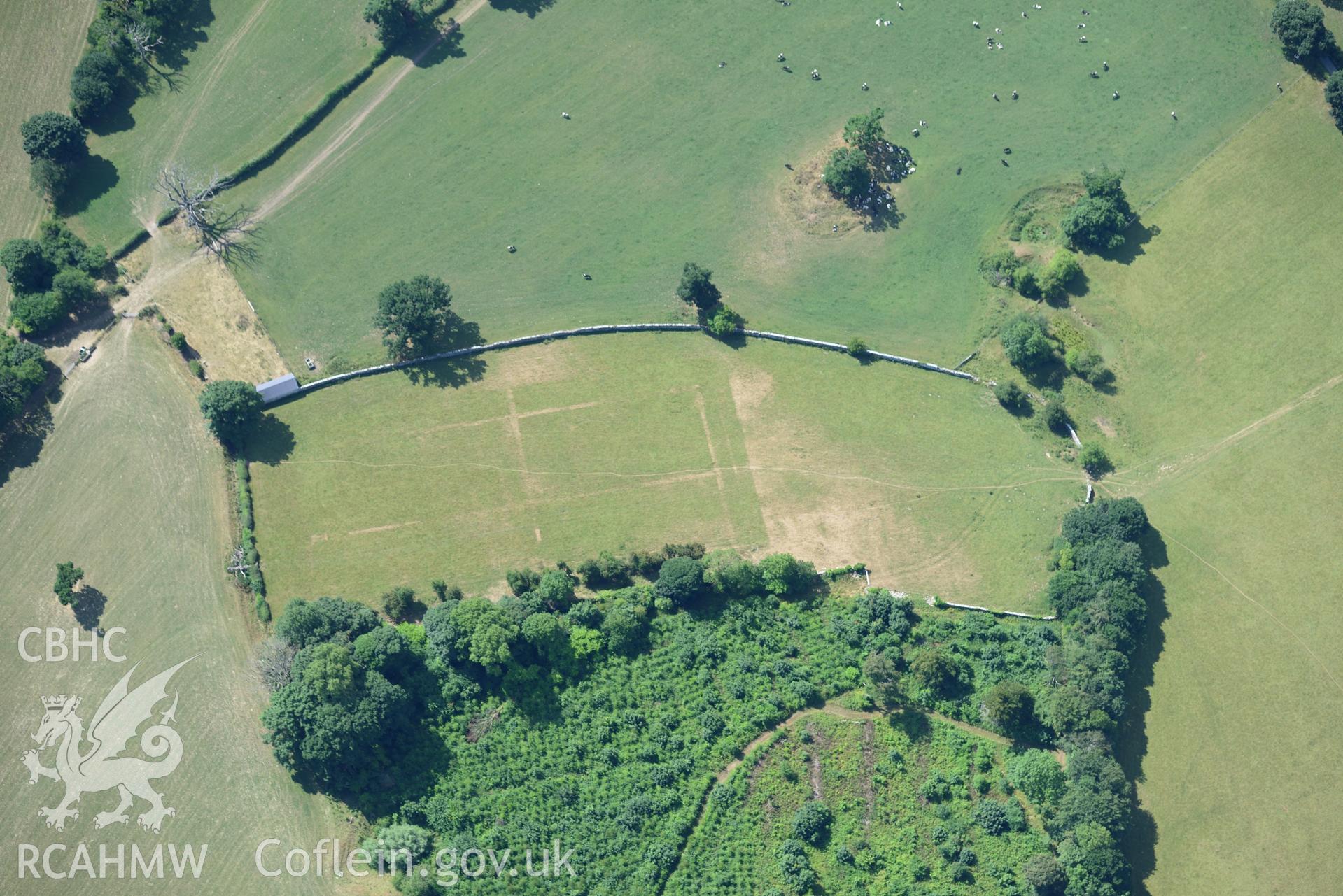 Royal Commission aerial photography of Plas Heaton Gardens, showing cropmarks of a former walled garden at SJ 033 686, taken on 19th July 2018 during the 2018 drought.