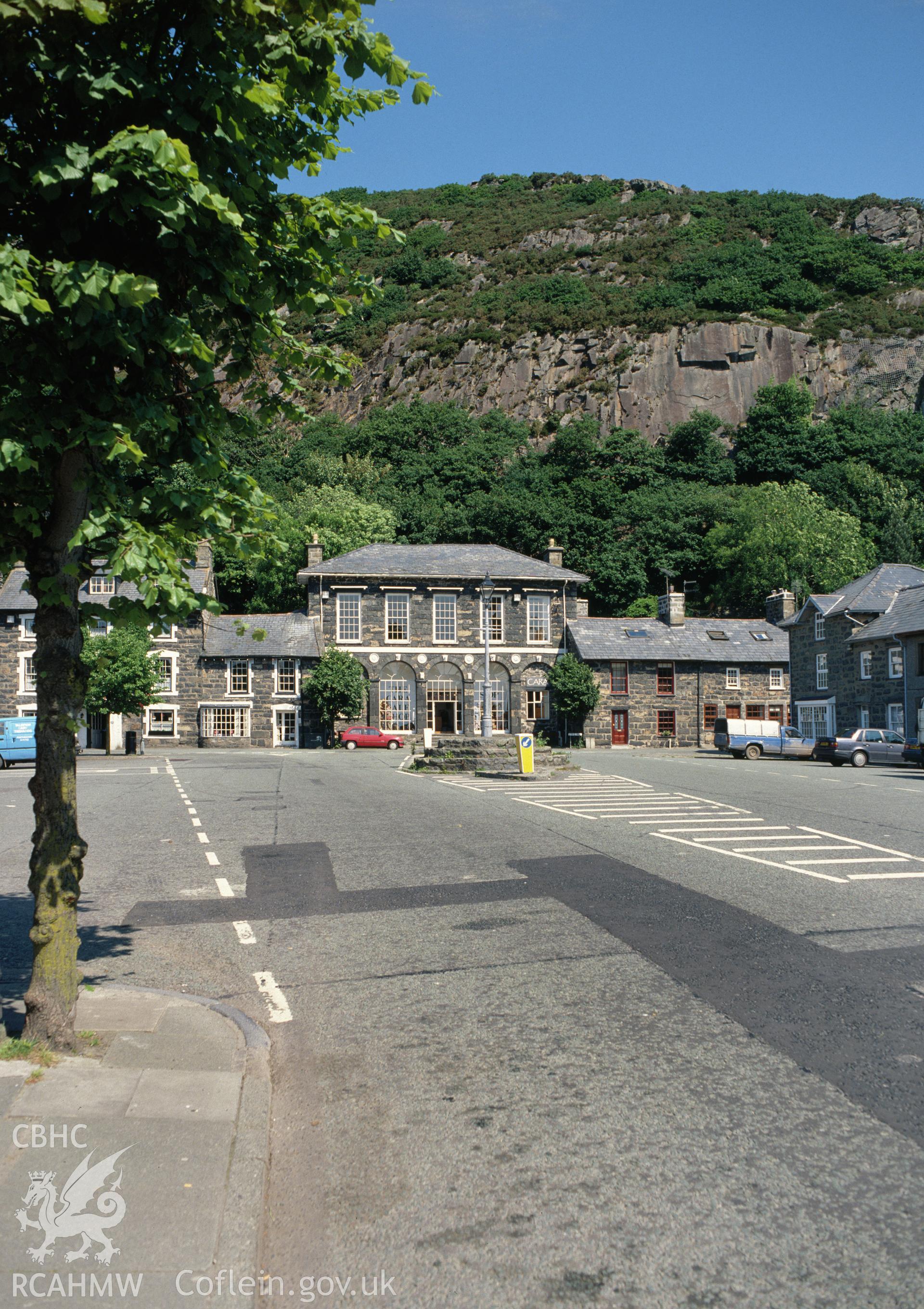 Digital copy of a colour negative showing Tremadog Market Hall and Square.