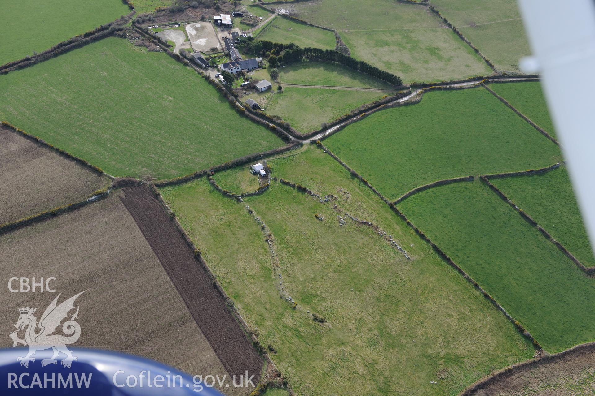 Melin Tregwynt woollen mill and Tre-Gwynt garden, Tremarchog, near Fishguard. Oblique aerial photograph taken during the Royal Commission's programme of archaeological aerial reconnaissance by Toby Driver on 13th March 2015.