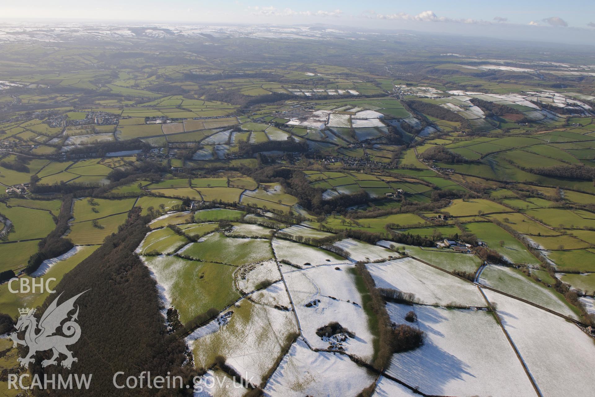 Pencoed y Foel hillfort, north east of Llandysul. Oblique aerial photograph taken during the Royal Commission's programme of archaeological aerial reconnaissance by Toby Driver on 4th February 2015.