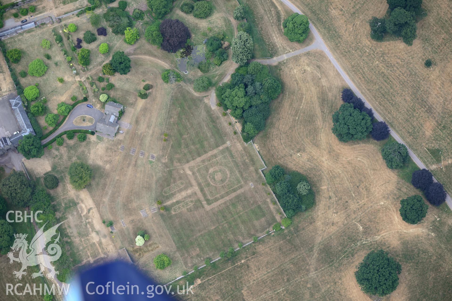 Royal Commission aerial photography of Glanusk Park House and garden taken on 19th July 2018 during the 2018 drought.