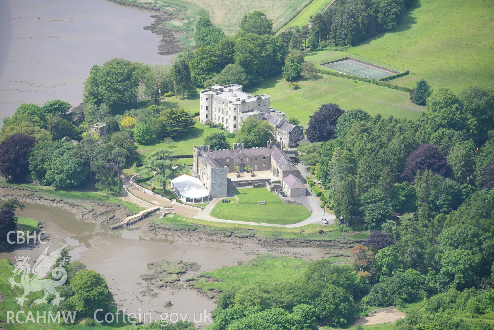 St. John's Church, and Slebech Hall, garden and stables. Oblique aerial photograph taken during the Royal Commission's programme of archaeological aerial reconnaissance by Toby Driver on 19th June 2015.