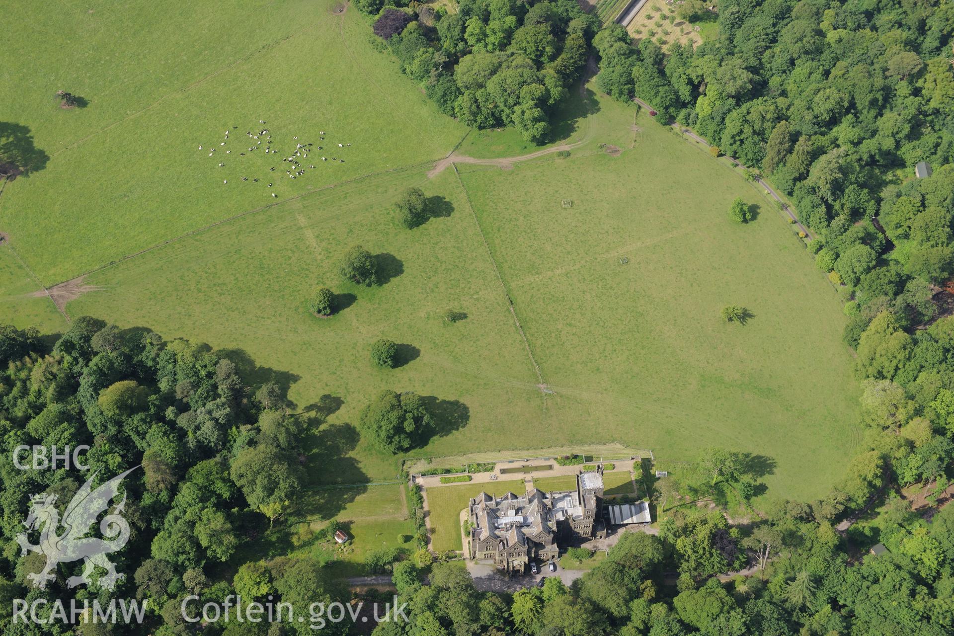 Stradey Castle and it's garden, Llanelli. Oblique aerial photograph taken during the Royal Commission's programme of archaeological aerial reconnaissance by Toby Driver on 19th June 2015.