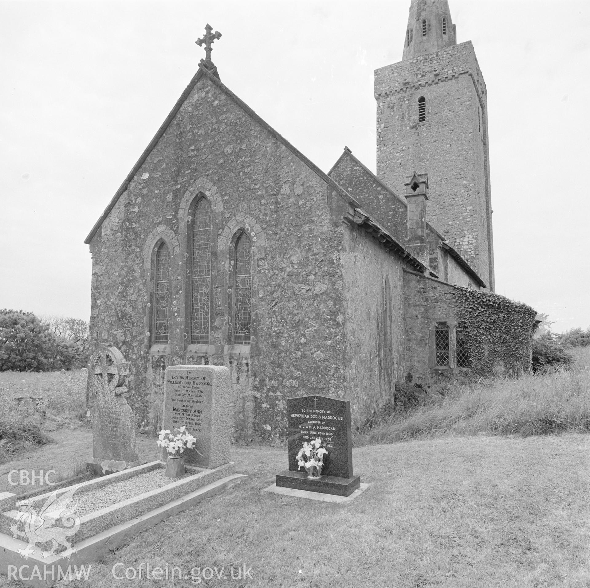 Digital copy of a black and white negative showing exterior view of Warren Church, taken by RCAHMW.