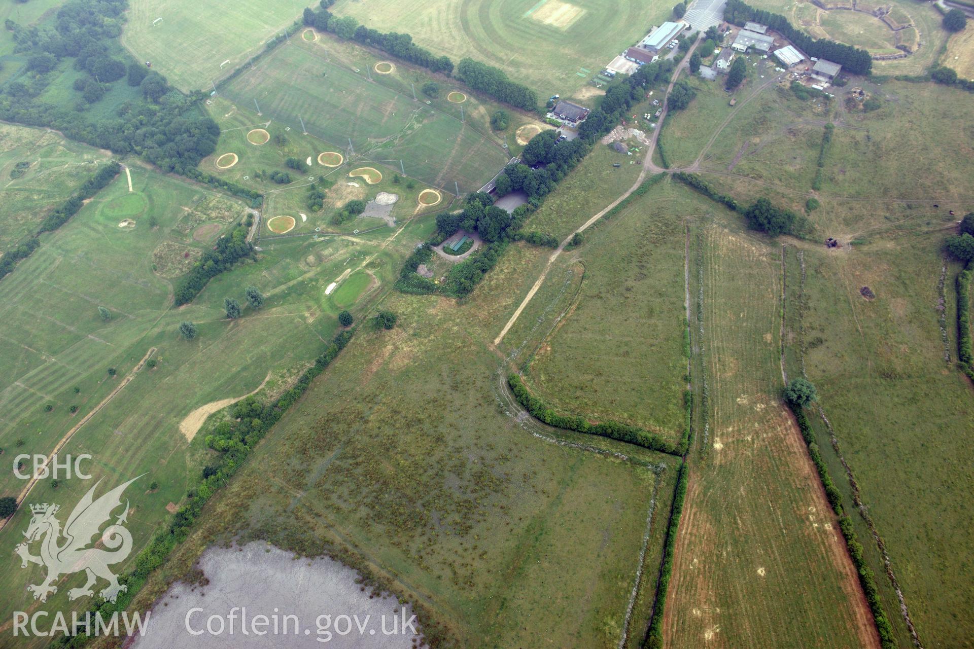 Royal Commission aerial photography of Caerleon amphitheatre taken during drought conditions on 22nd July 2013.