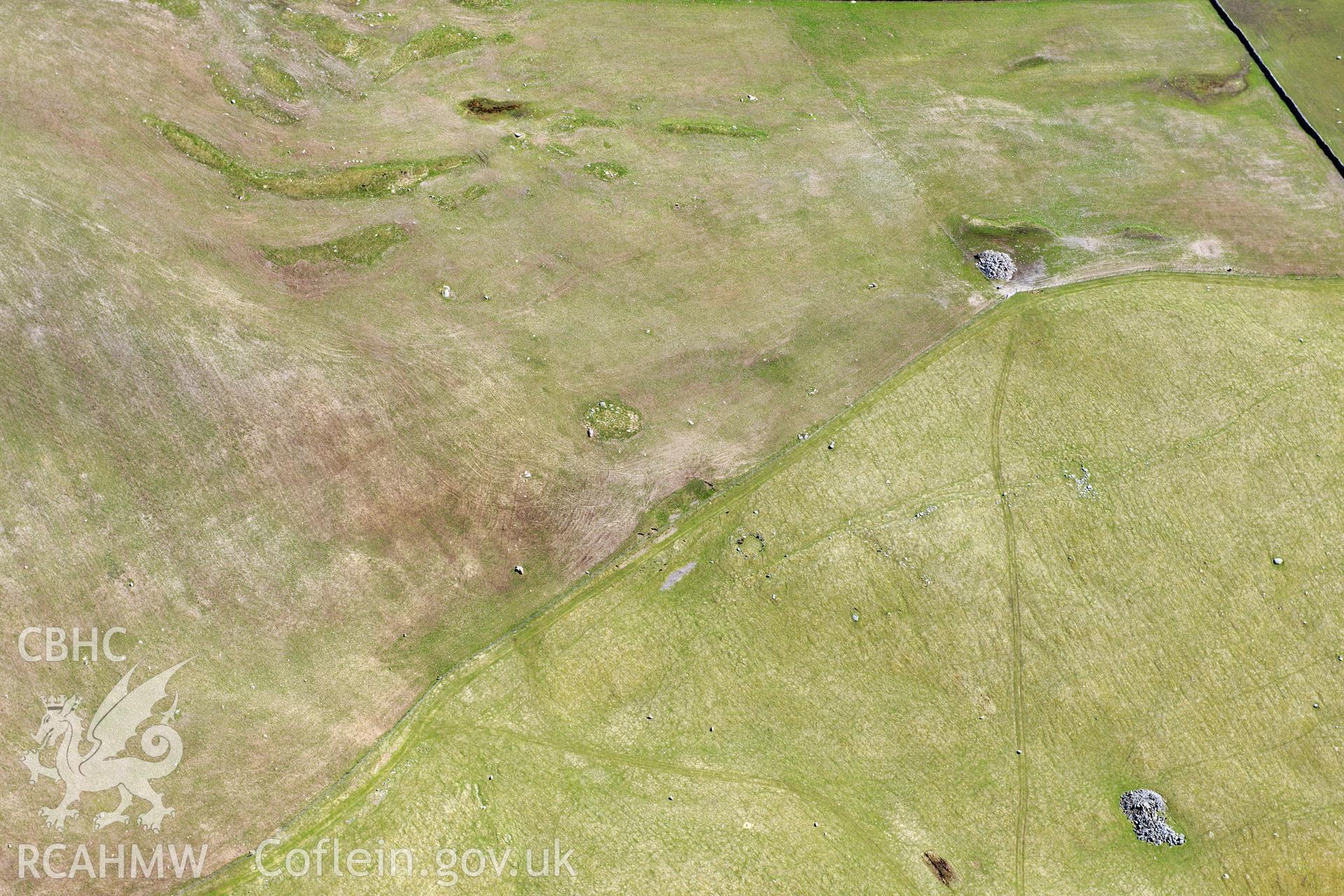 Cairn circles at Moel Goedog, Harlech. Oblique aerial photograph taken during the Royal Commission?s programme of archaeological aerial reconnaissance by Toby Driver on 1st May 2013.