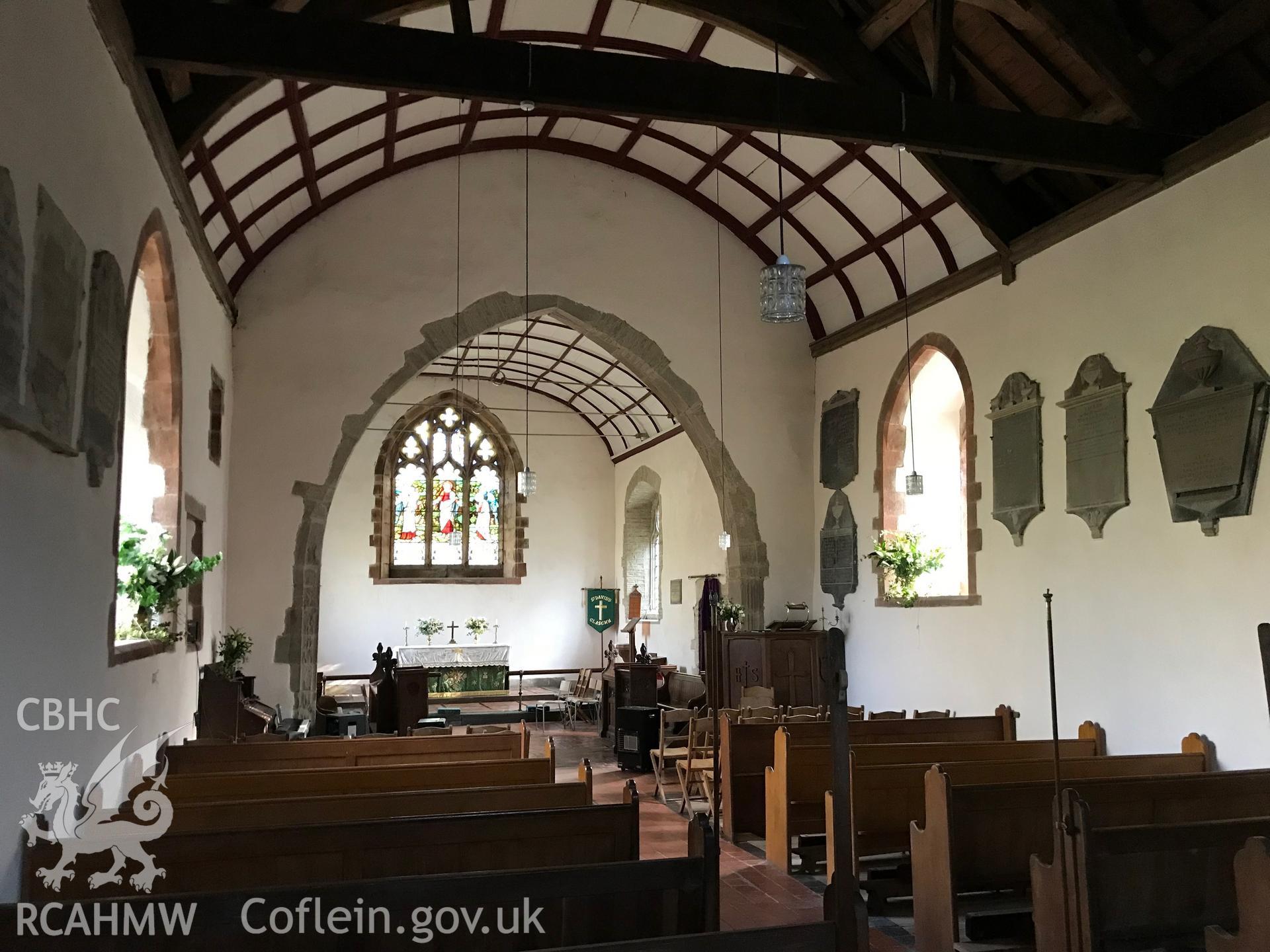 Colour photograph showing the interior of St. David's church, Glascwm, looking towards the altar, taken by Paul R. Davis on 10th February 2019.