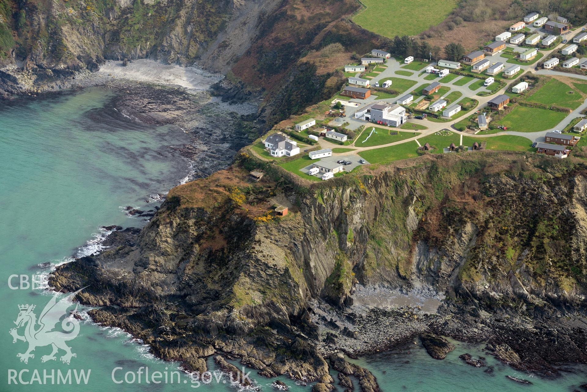 Royal Commission aerial photograph of Fishguard Battery taken on 27th March 2017. Baseline aerial reconnaissance survey for the CHERISH Project. ? Crown: CHERISH PROJECT 2017. Produced with EU funds through the Ireland Wales Co-operation Programme 2014-2020. All material made freely available through the Open Government Licence.