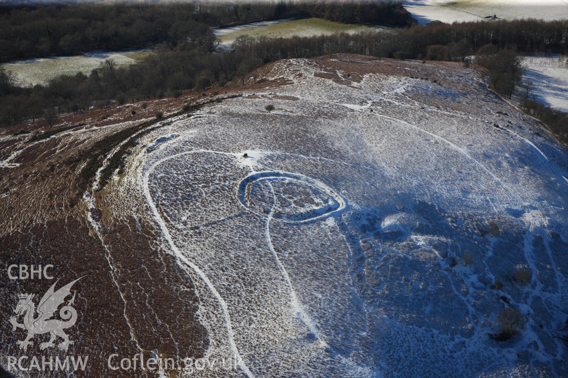 Twyn y Garth defended enclosure, Painscastle, south east of Builth Wells. Oblique aerial photograph taken during the Royal Commission?s programme of archaeological aerial reconnaissance by Toby Driver on 15th January 2013.