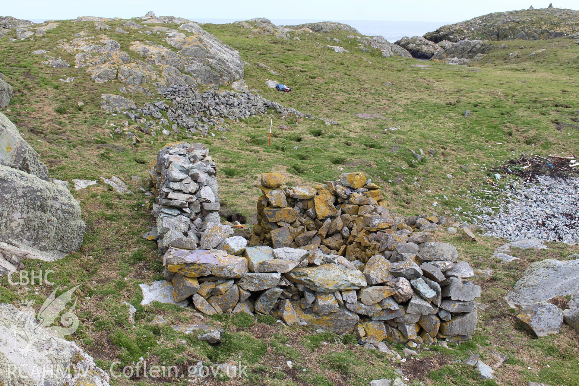 Skerries buoy keeper's cottage or stone shelter. Investigator's photographic survey for the CHERISH Project. ? Crown: CHERISH PROJECT 2018. Produced with EU funds through the Ireland Wales Co-operation Programme 2014-2020. All material made freely available through the Open Government Licence.