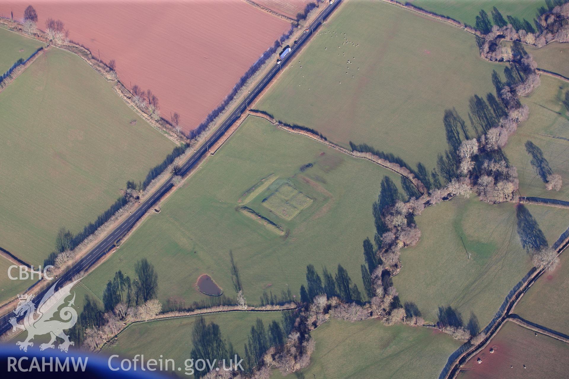 Dulas moat, 800m north east of Felinfach, north east of Brecon. Oblique aerial photograph taken during the Royal Commission?s programme of archaeological aerial reconnaissance by Toby Driver on 15th January 2013.