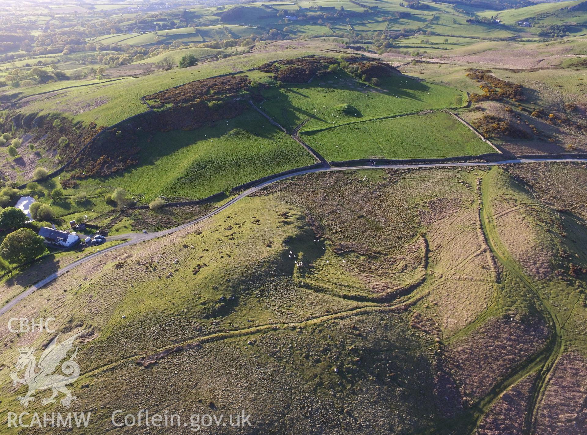 Colour photo showing aerial view of settlement features east of Pant-y-Rhiw, taken by Paul R. Davis, 14th May 2018.