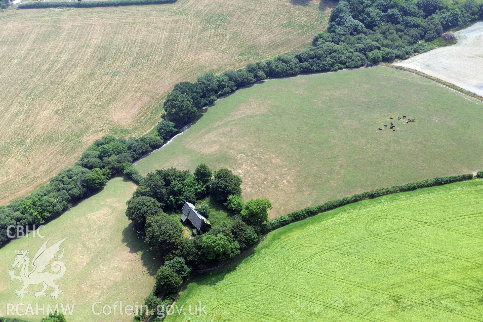 Royal Commission aerial photography of Llangan Church taken during drought conditions on 22nd July 2013.