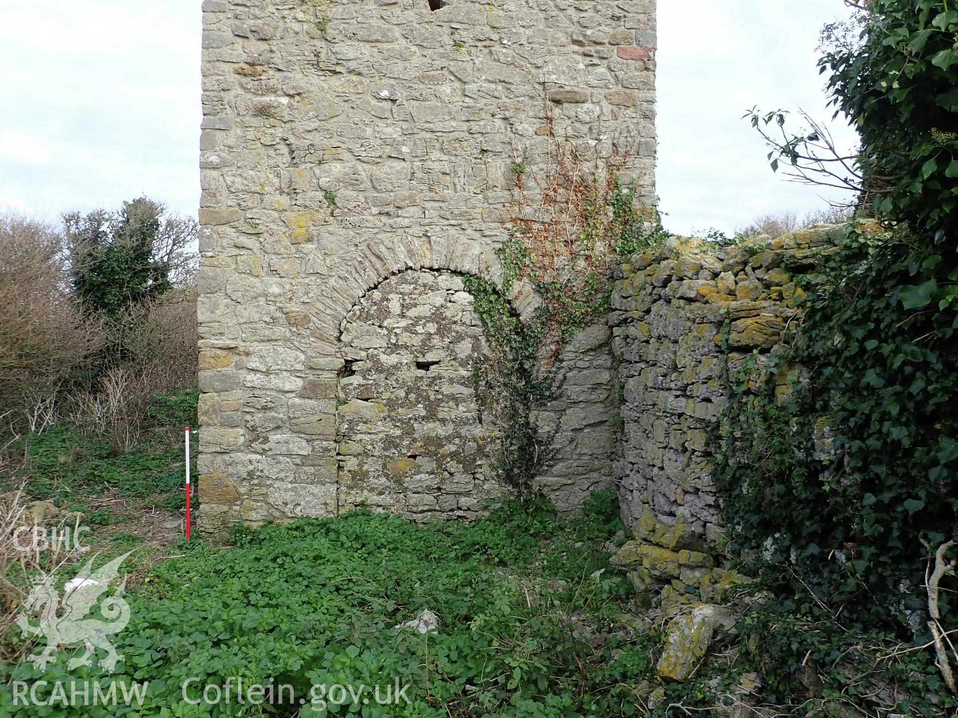 Investigator's photographic survey of the church on Puffin Island or Ynys Seiriol for the CHERISH Project. View from west of blocked archway in west wall of tower. ? Crown: CHERISH PROJECT 2018. Produced with EU funds through the Ireland Wales Co-operation Programme 2014-2020. All material made freely available through the Open Government Licence.