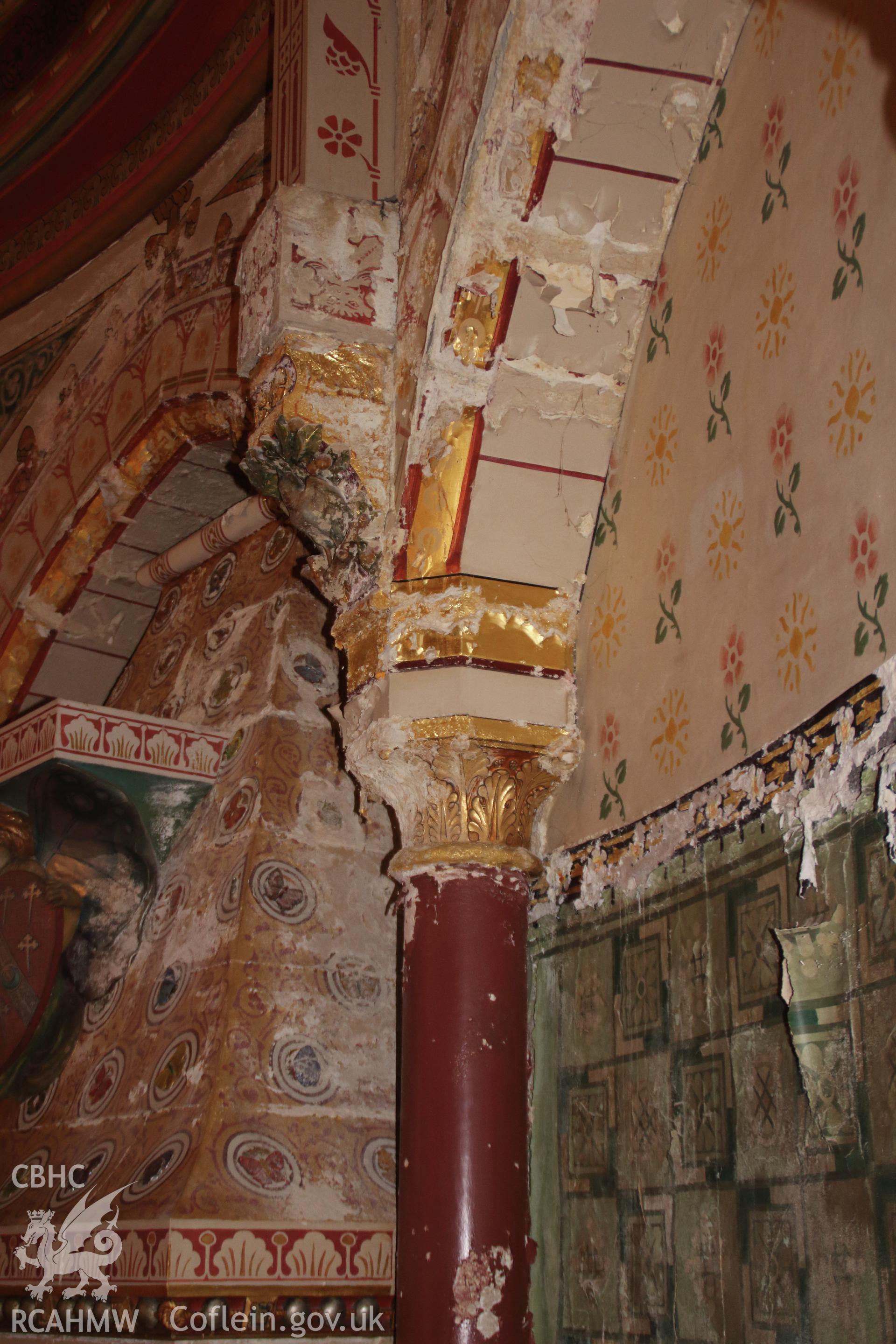 Pillar in Lady Bute's Bedroom at Castell Coch, 1st April 2019. From "Castell Coch, Tongwynlais, Cardiff. Archaeological Building Investigation & Recording & Watching Brief" by Richard Scott Jones of Heritage Recording Services Wales. Report No 202.