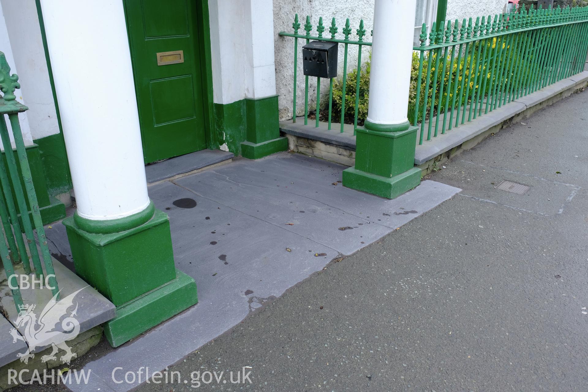 Colour photograph showing view of slate paving to the portico at the Douglas Arms Hotel, Bethesda, produced by Richard Hayman 16th March 2017