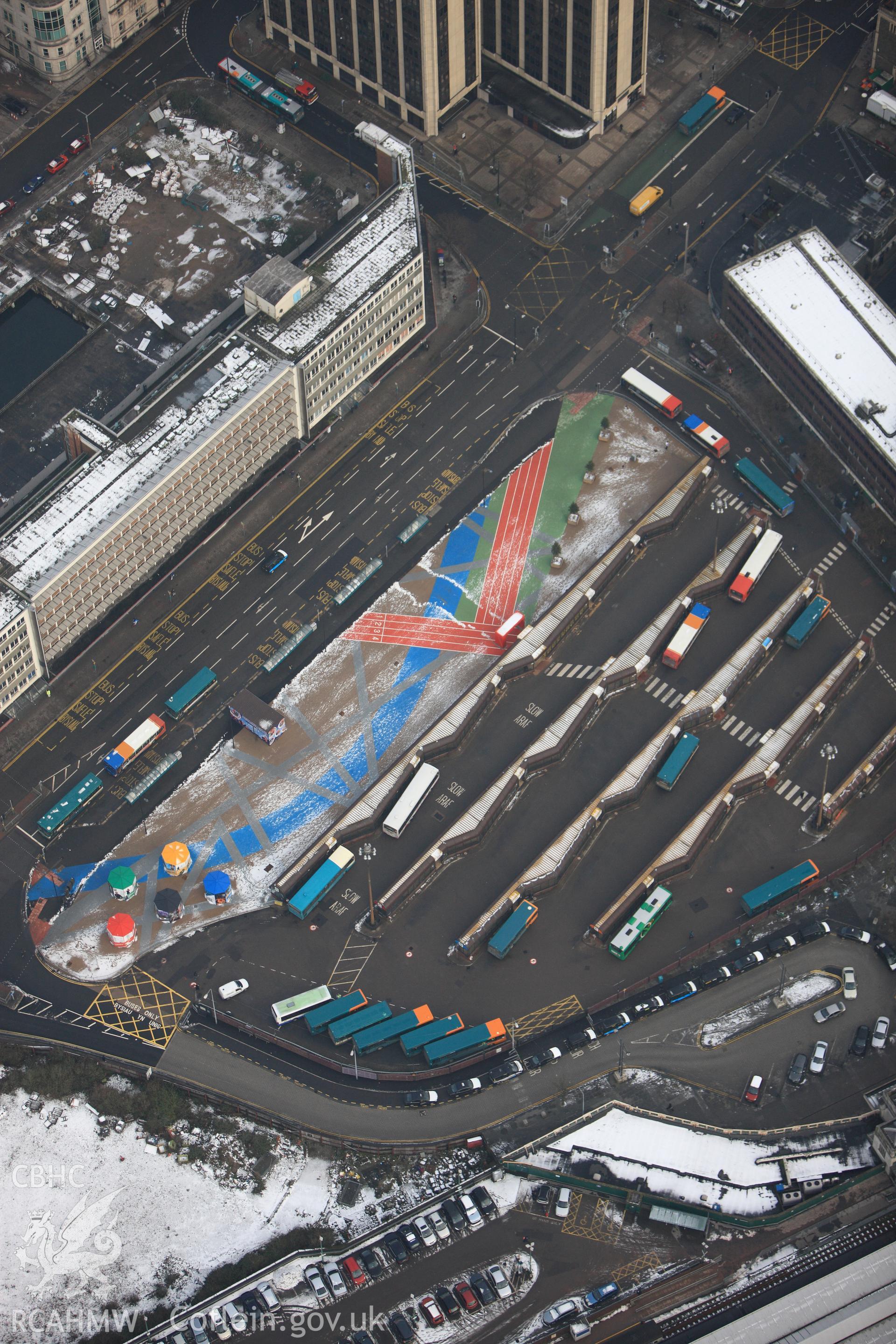 Cardiff Central Bus Station, Temperance Town, Cardiff. Oblique aerial photograph taken during the Royal Commission?s programme of archaeological aerial reconnaissance by Toby Driver on 24th January 2013.