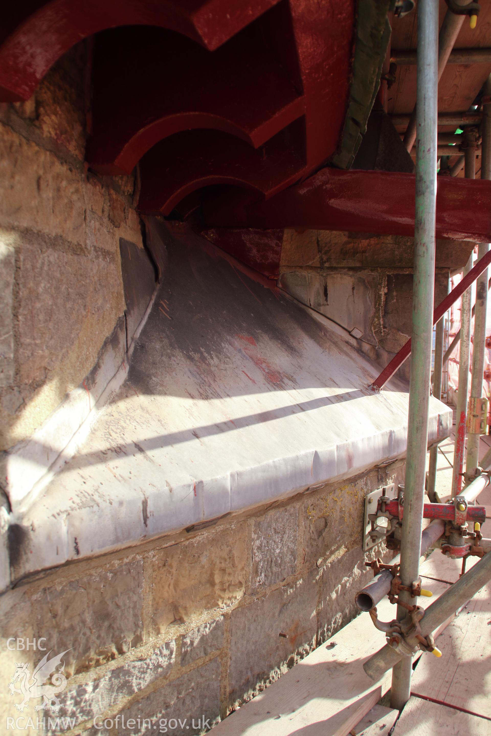 Detailed view of tower wall during renovation, taken 3/4/2019. From "Castell Coch, Tongwynlais, Cardiff. Archaeological Building Investigation and Recording & Watching Brief" by Richard Scott Jones, Heritage Recording Services Wales. Report No 202.